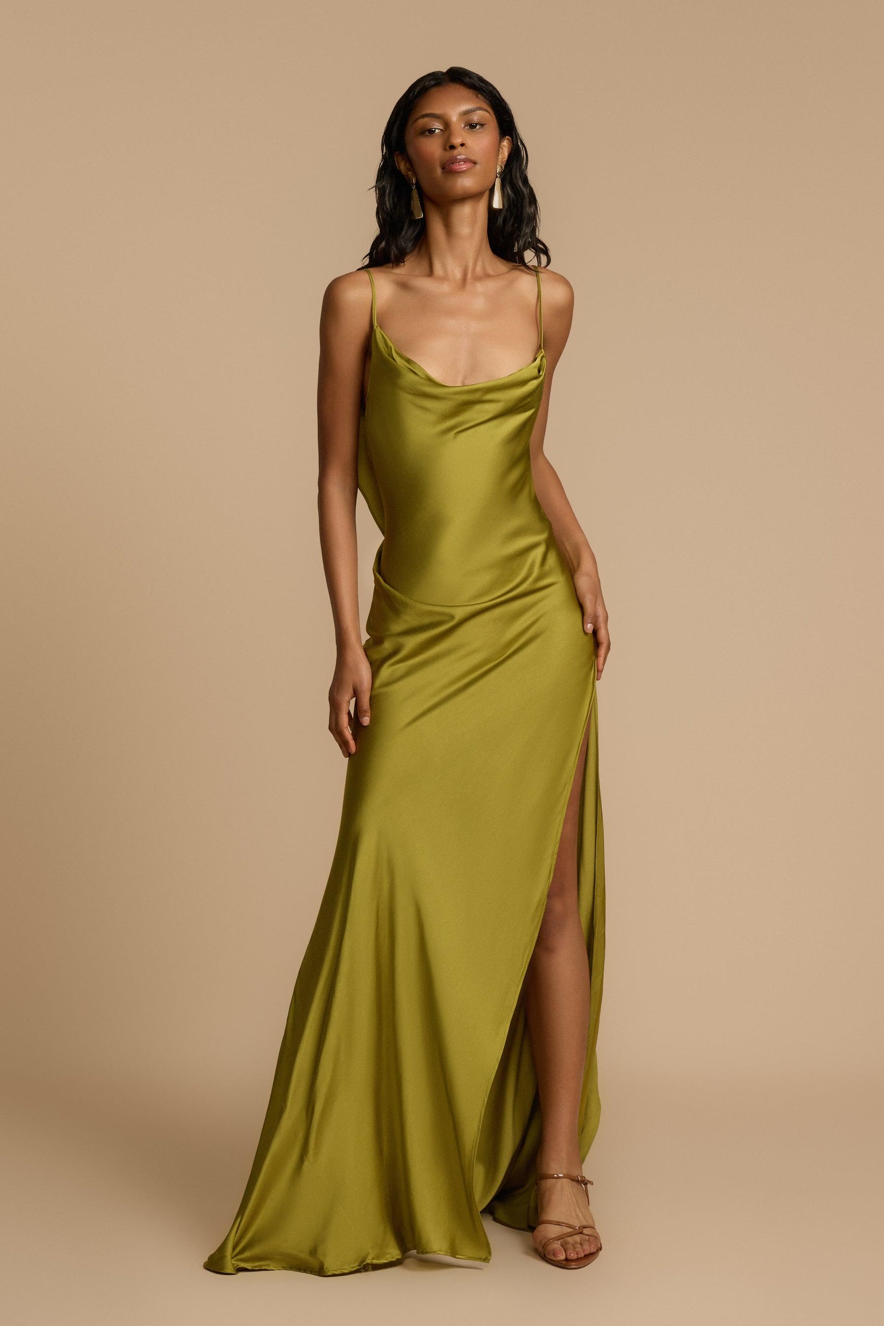 Solid Satin Backless Frill Maxi Dress
