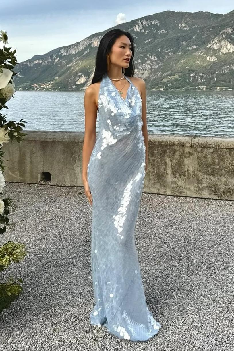 Sequin Lace-Up Asymmetrical Neck Midi Dress