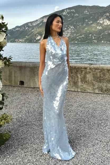 Sequin Lace-Up Asymmetrical Neck Midi Dress