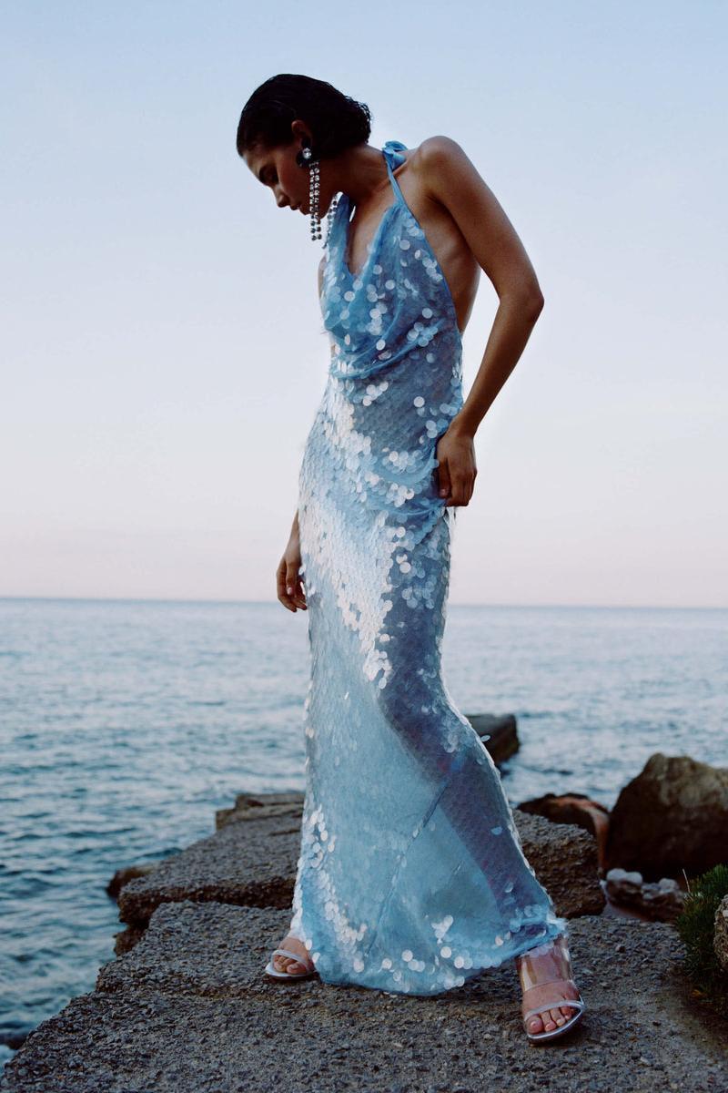 Sequin Lace-Up Asymmetrical Neck Midi Dress