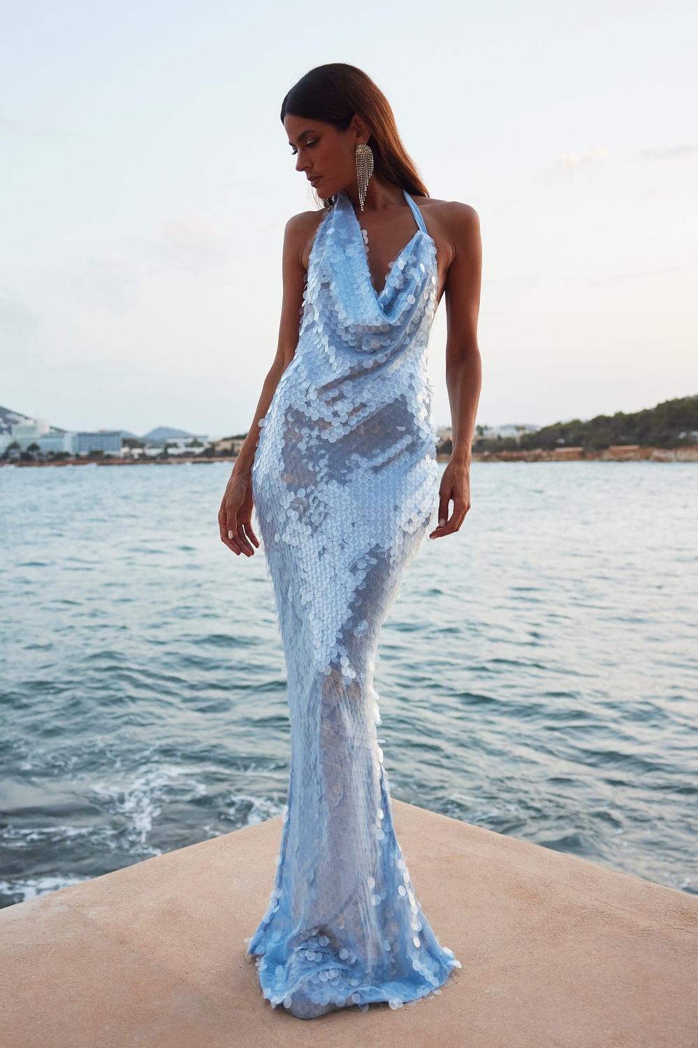 Sequin Lace-Up Asymmetrical Neck Midi Dress