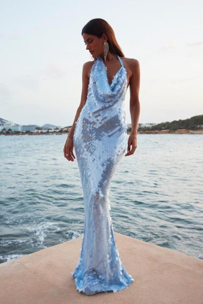 Sequin Lace-Up Asymmetrical Neck Midi Dress