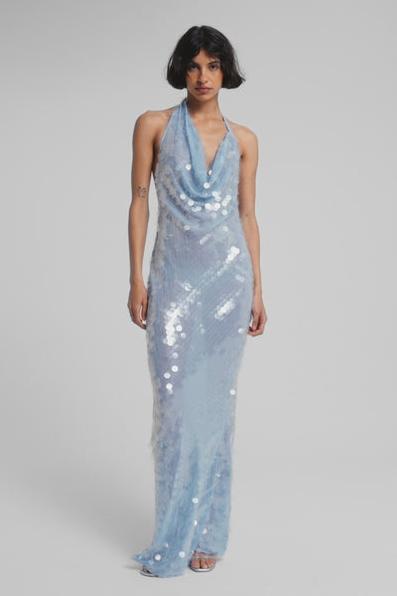 Sequin Lace-Up Asymmetrical Neck Midi Dress