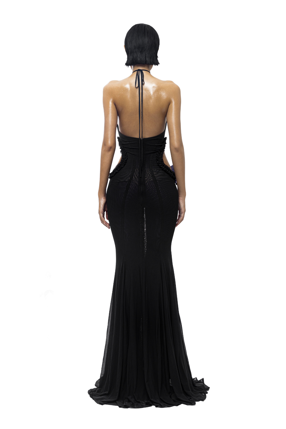 Mesh Butterfly Frill Halter Neck Maxi Dress