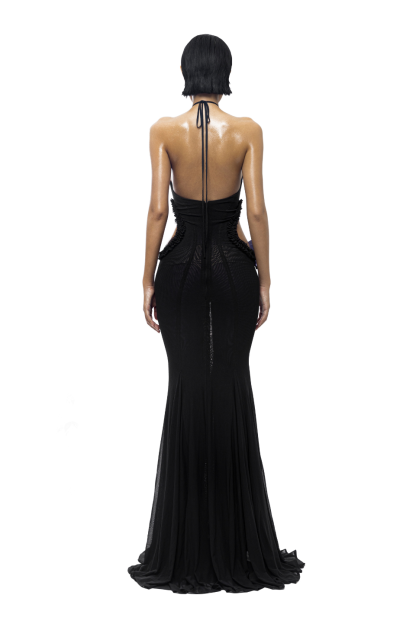 Mesh Butterfly Frill Halter Neck Maxi Dress