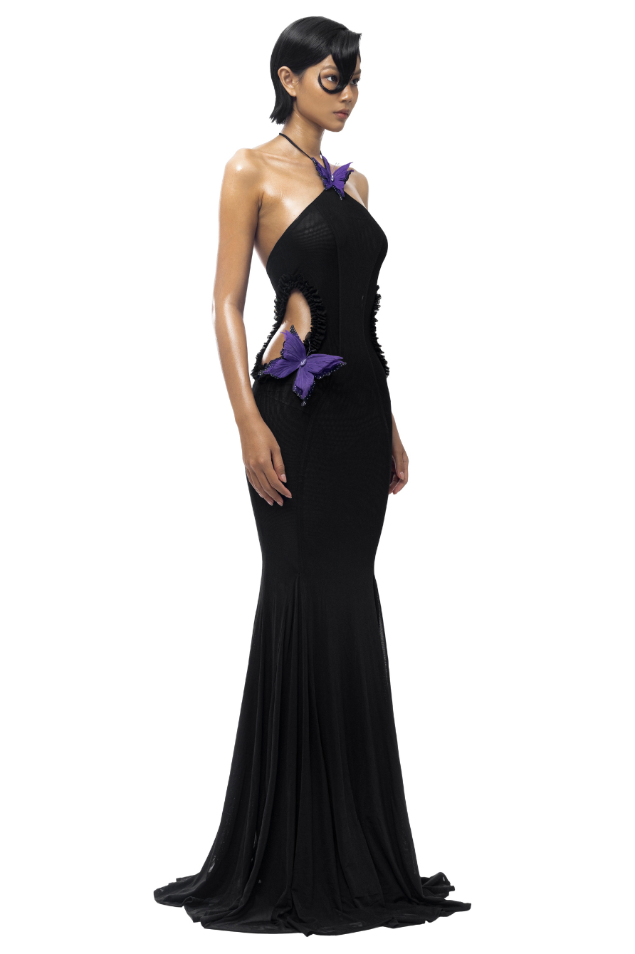 Mesh Butterfly Frill Halter Neck Maxi Dress