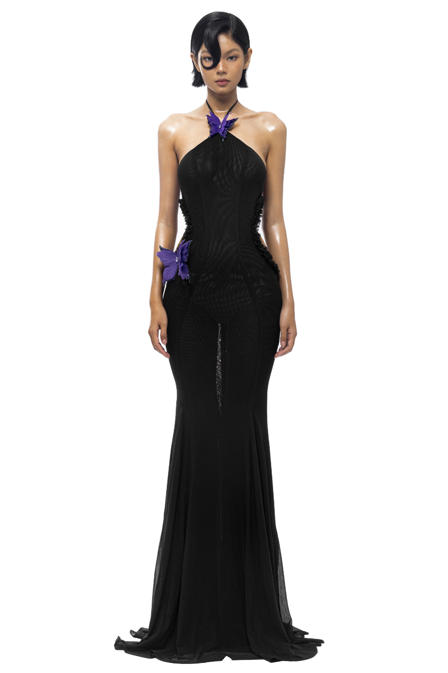 Mesh Butterfly Frill Halter Neck Maxi Dress