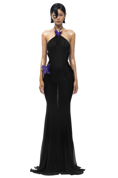 Mesh Butterfly Frill Halter Neck Maxi Dress