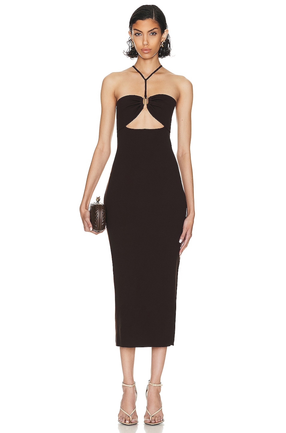 Solid Knit Halter Neck Cut-Out Midi Dress