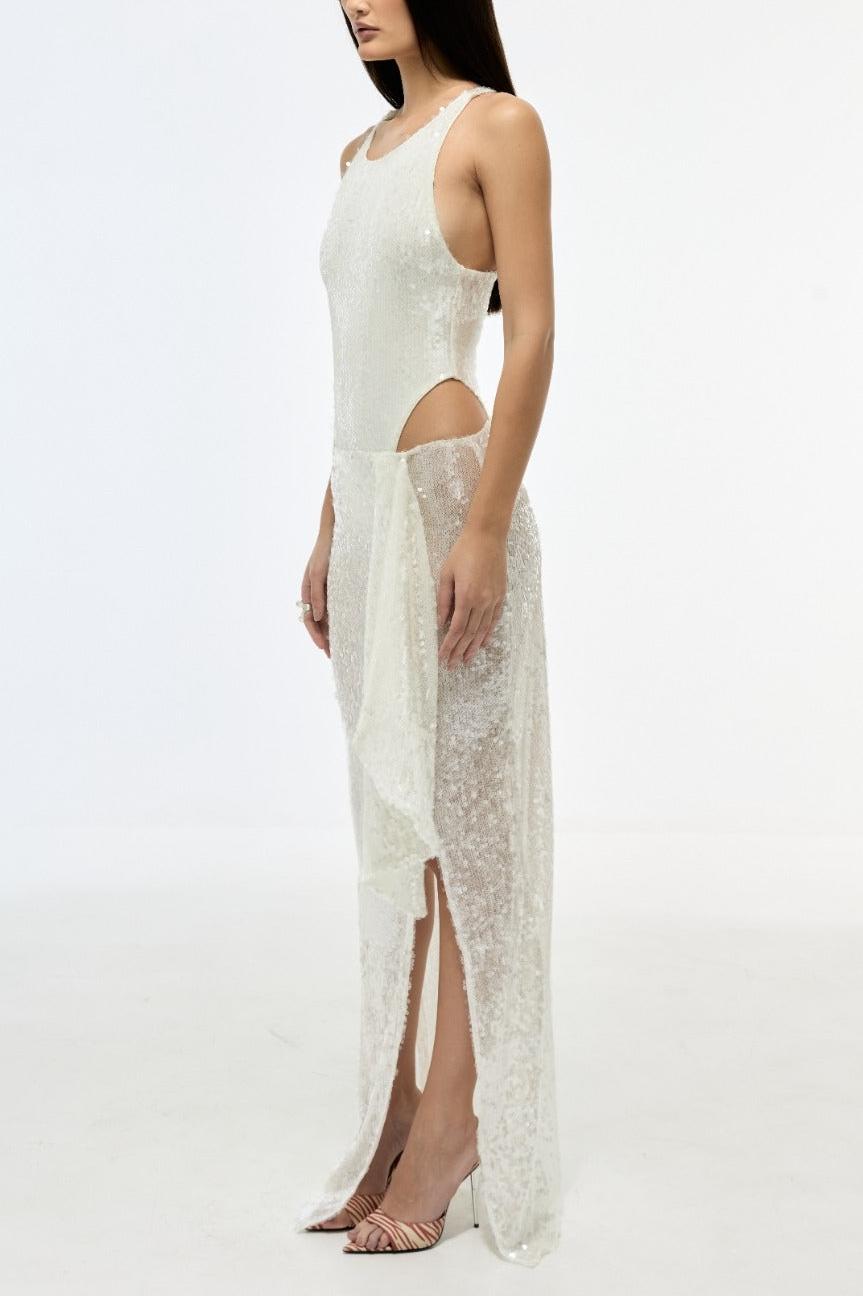 Sequin Round Neck Sleeveless Bodysuit & Hight Waist Split Maxi Skirt Set