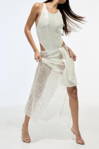 Sequin Round Neck Sleeveless Bodysuit & Hight Waist Split Maxi Skirt Set