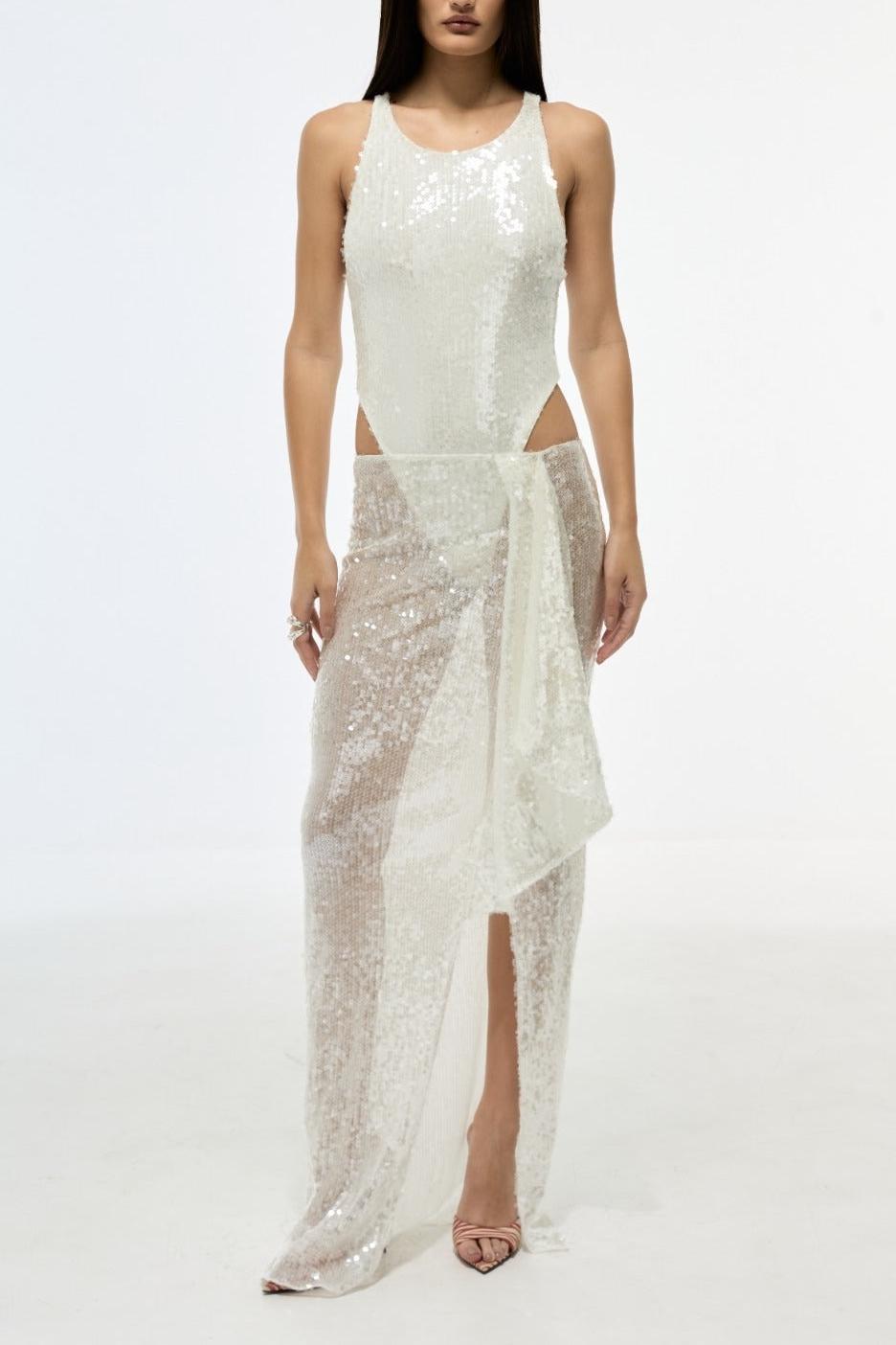 Sequin Round Neck Sleeveless Bodysuit & Hight Waist Split Maxi Skirt Set