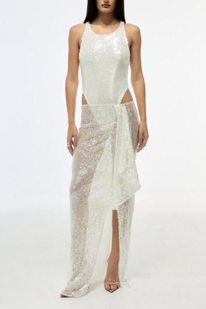 Sequin Round Neck Sleeveless Bodysuit & Hight Waist Split Maxi Skirt Set