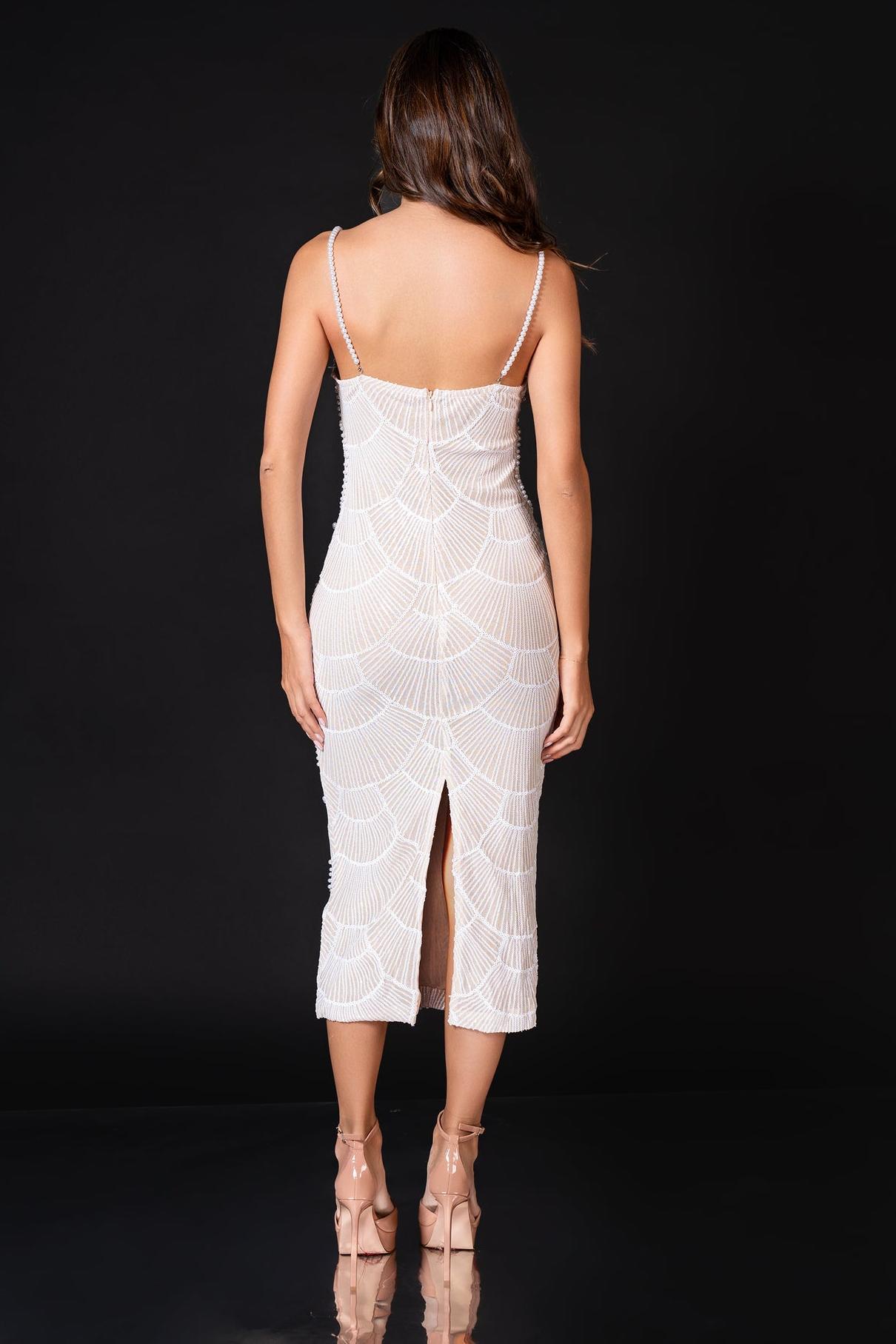 Faux Pearl Cut-Out Sequin Midi Dress