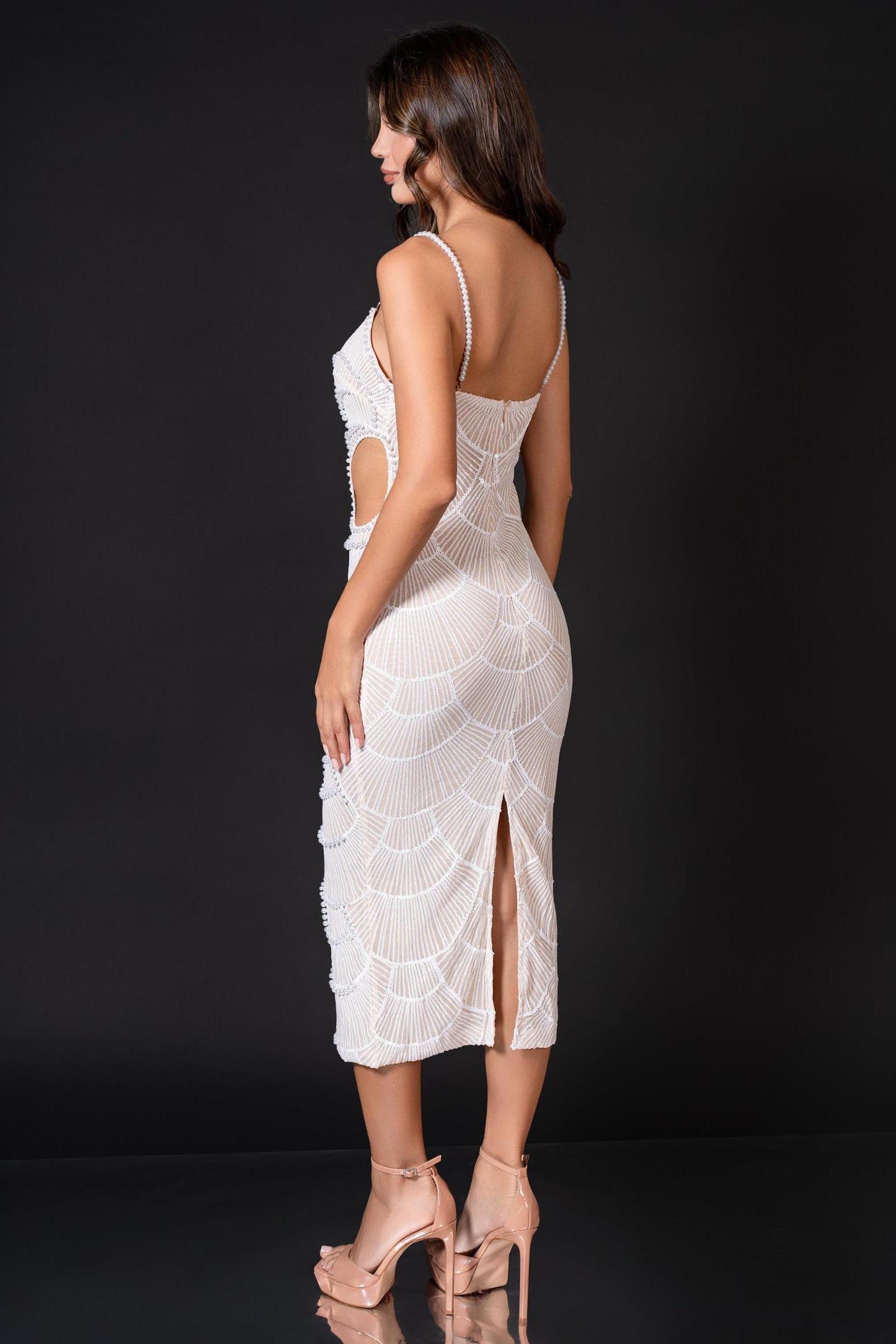 Faux Pearl Cut-Out Sequin Midi Dress