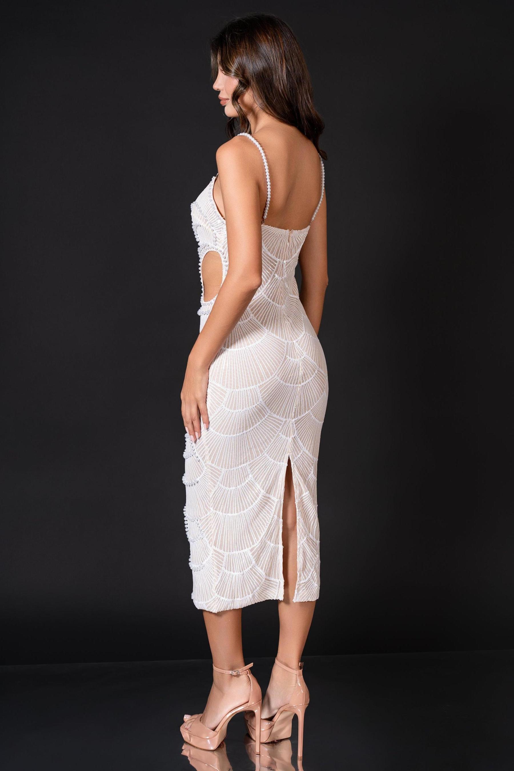 Faux Pearl Cut-Out Sequin Midi Dress