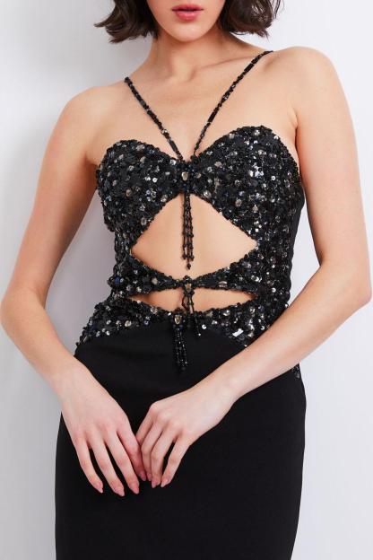 Faux Diamond Sequin Cut-Out Tassel Midi Dress