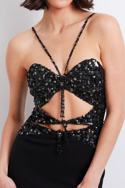 Faux Diamond Sequin Cut-Out Tassel Midi Dress