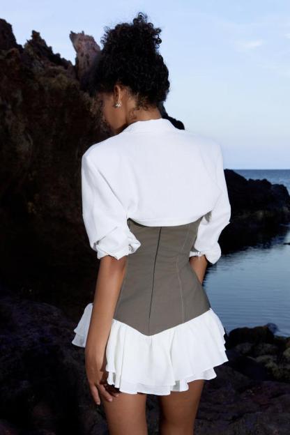 Solid Short Sleeve Top & Contrast Color Splicing Mini Dress Set