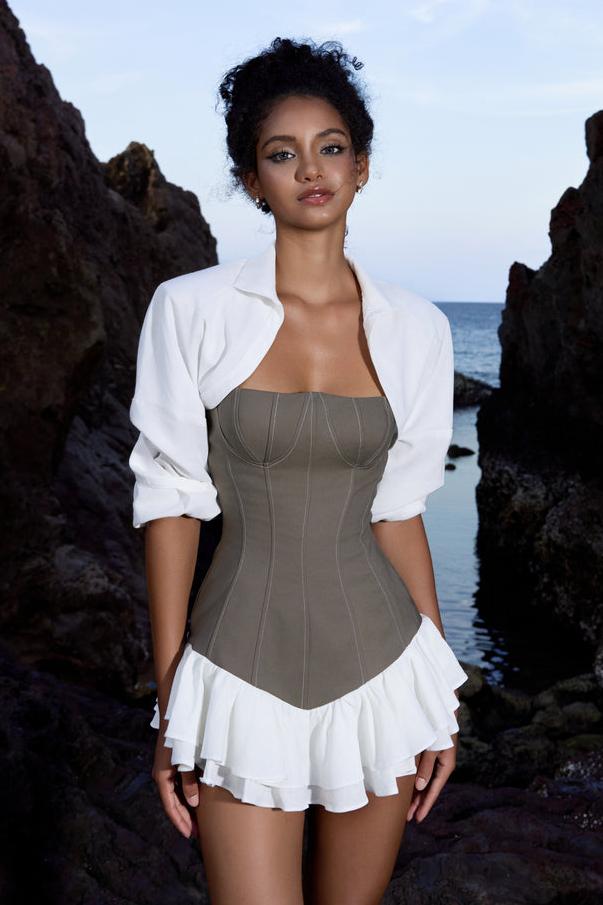 Solid Short Sleeve Top & Contrast Color Splicing Mini Dress Set