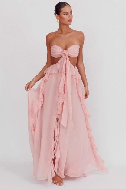 Chiffon Ruffle Backless Maxi Dress