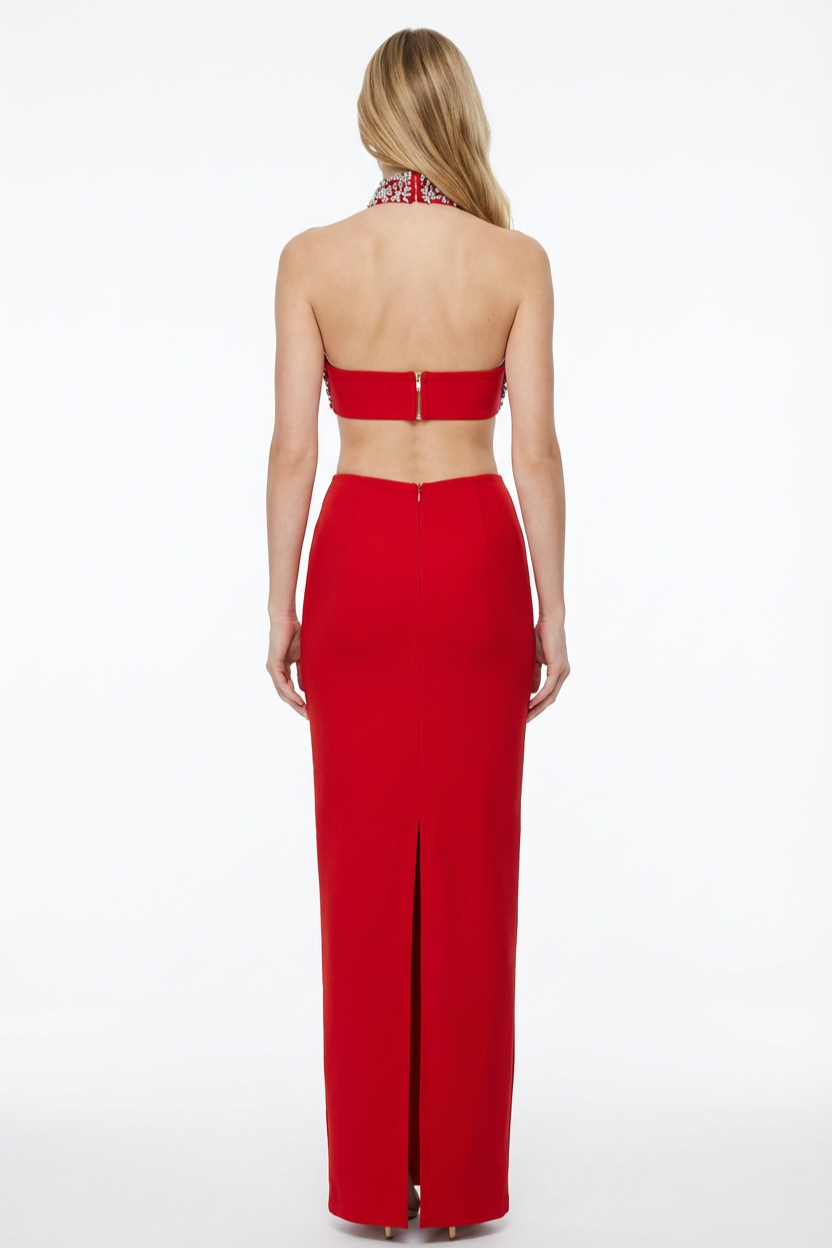 Rhinestone Cut-Out Halter Neck Dress