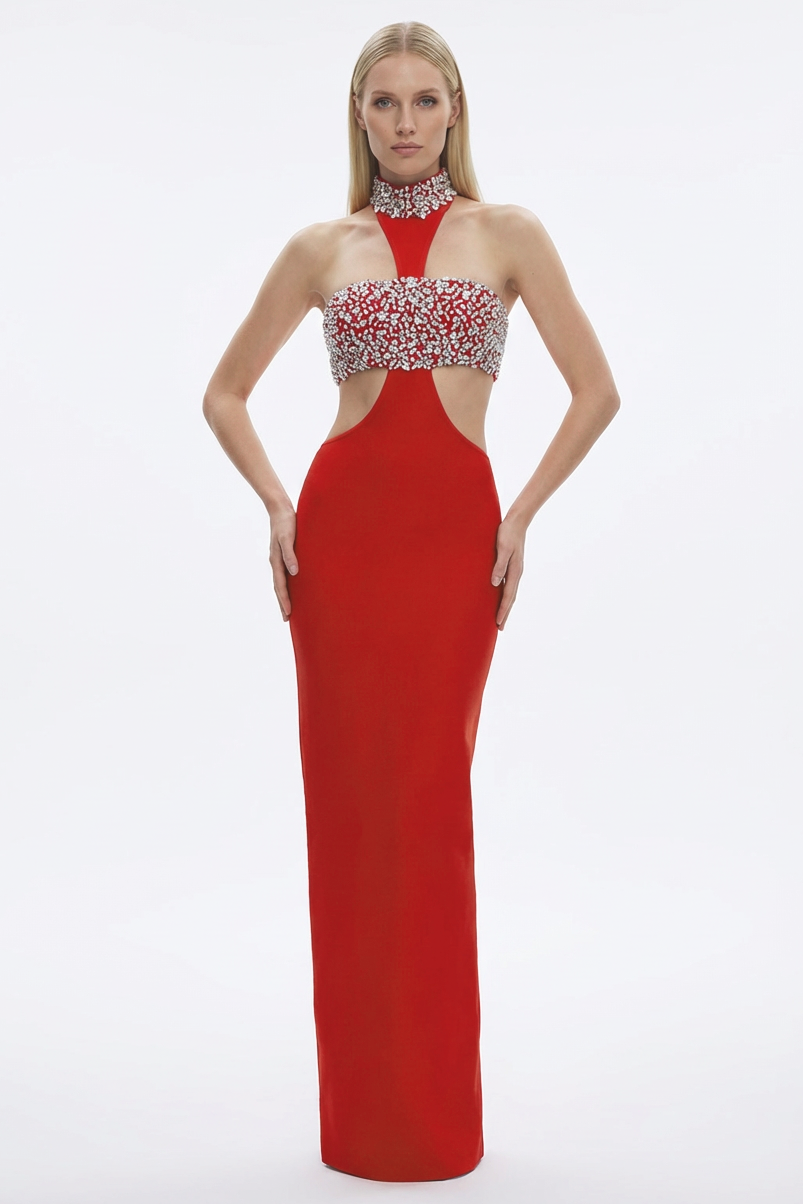Rhinestone Cut-Out Halter Neck Dress