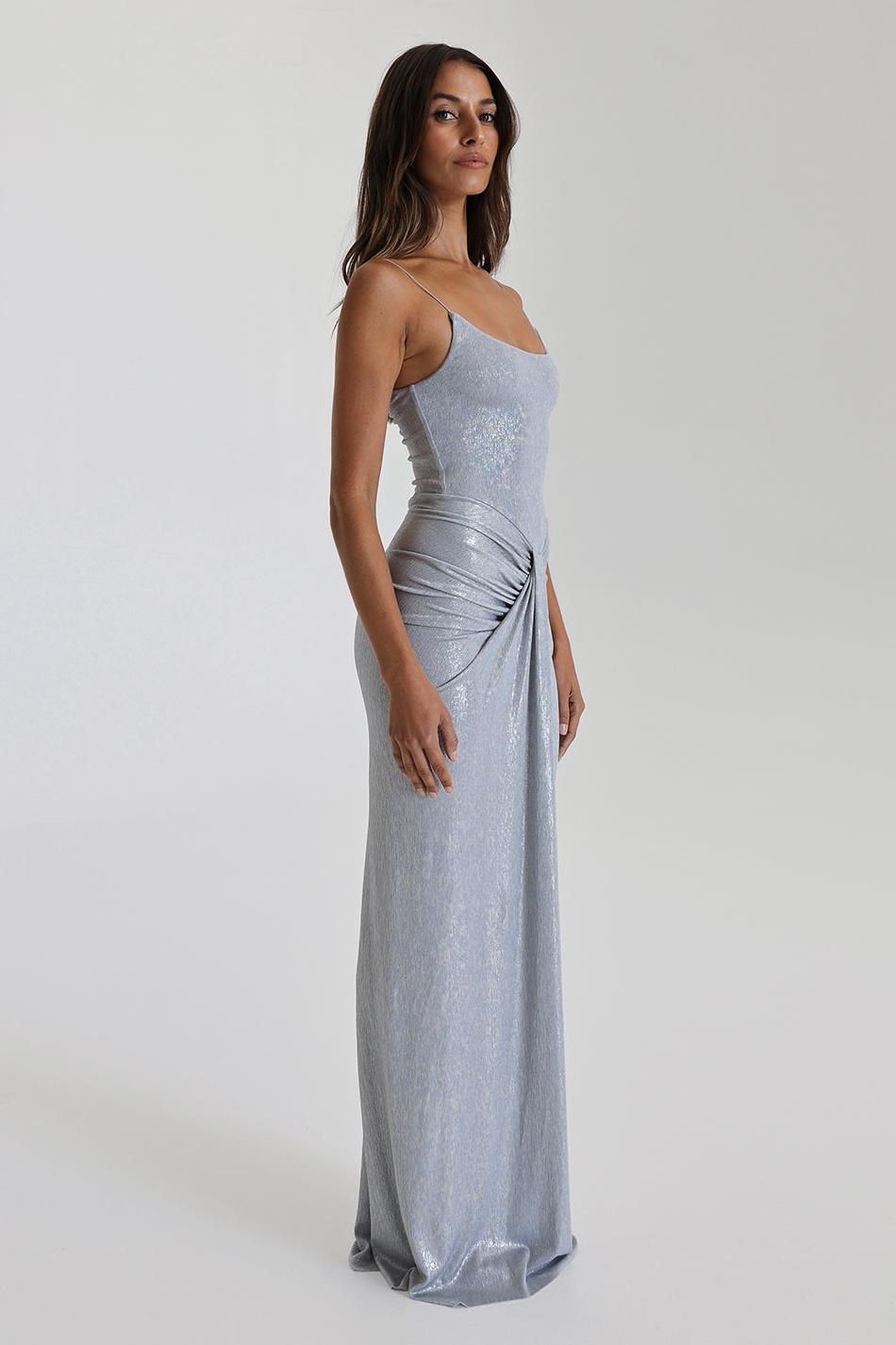 Silver Metallic Backless Sleeveless Maxi Dress