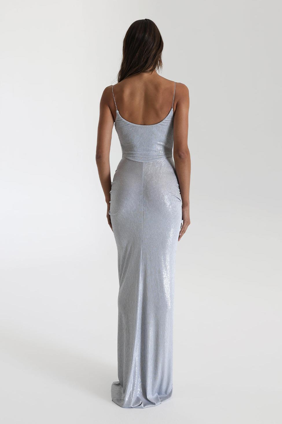 Silver Metallic Backless Sleeveless Maxi Dress