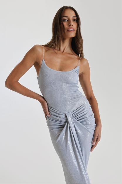 Silver Metallic Backless Sleeveless Maxi Dress