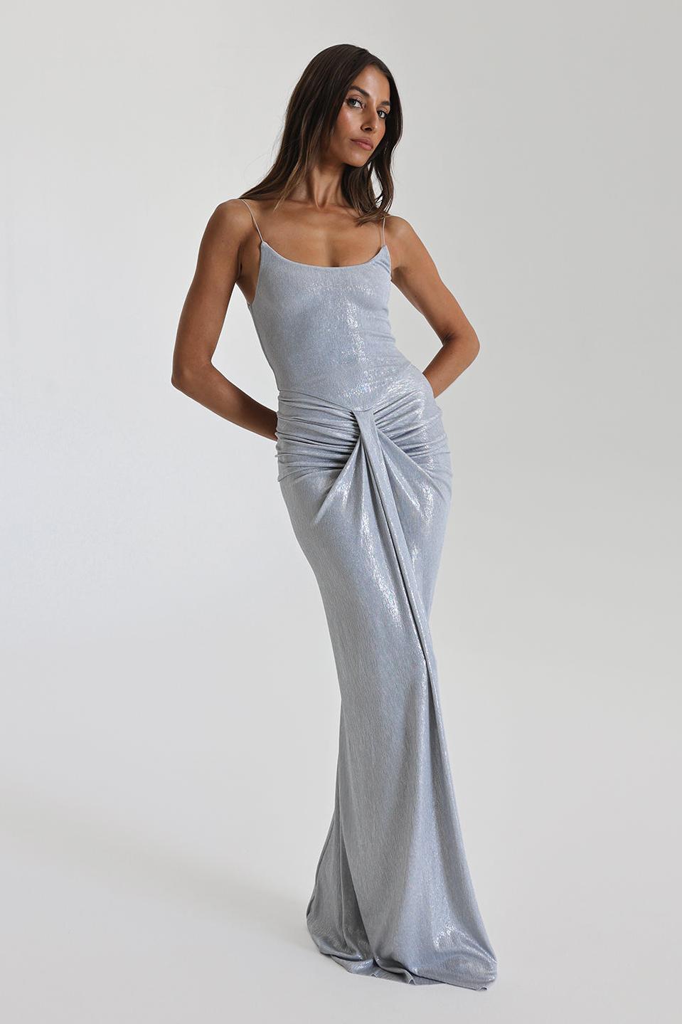 Silver Metallic Backless Sleeveless Maxi Dress