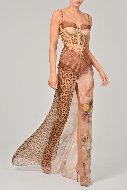 Chiffon Splicing Lace Split Leopard Print Maxi Dress