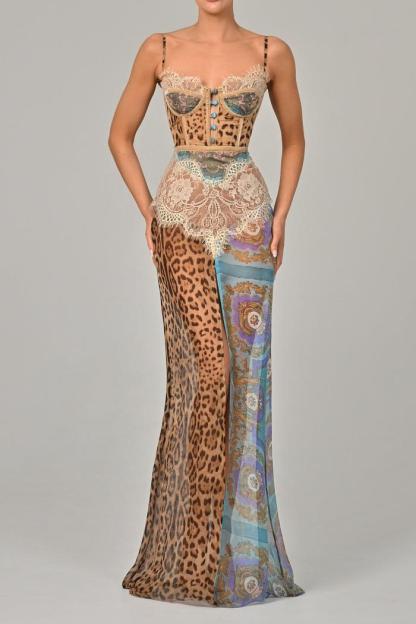 Chiffon Splicing Lace Split Leopard Print Maxi Dress