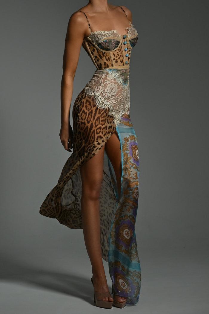 Chiffon Splicing Lace Split Leopard Print Maxi Dress