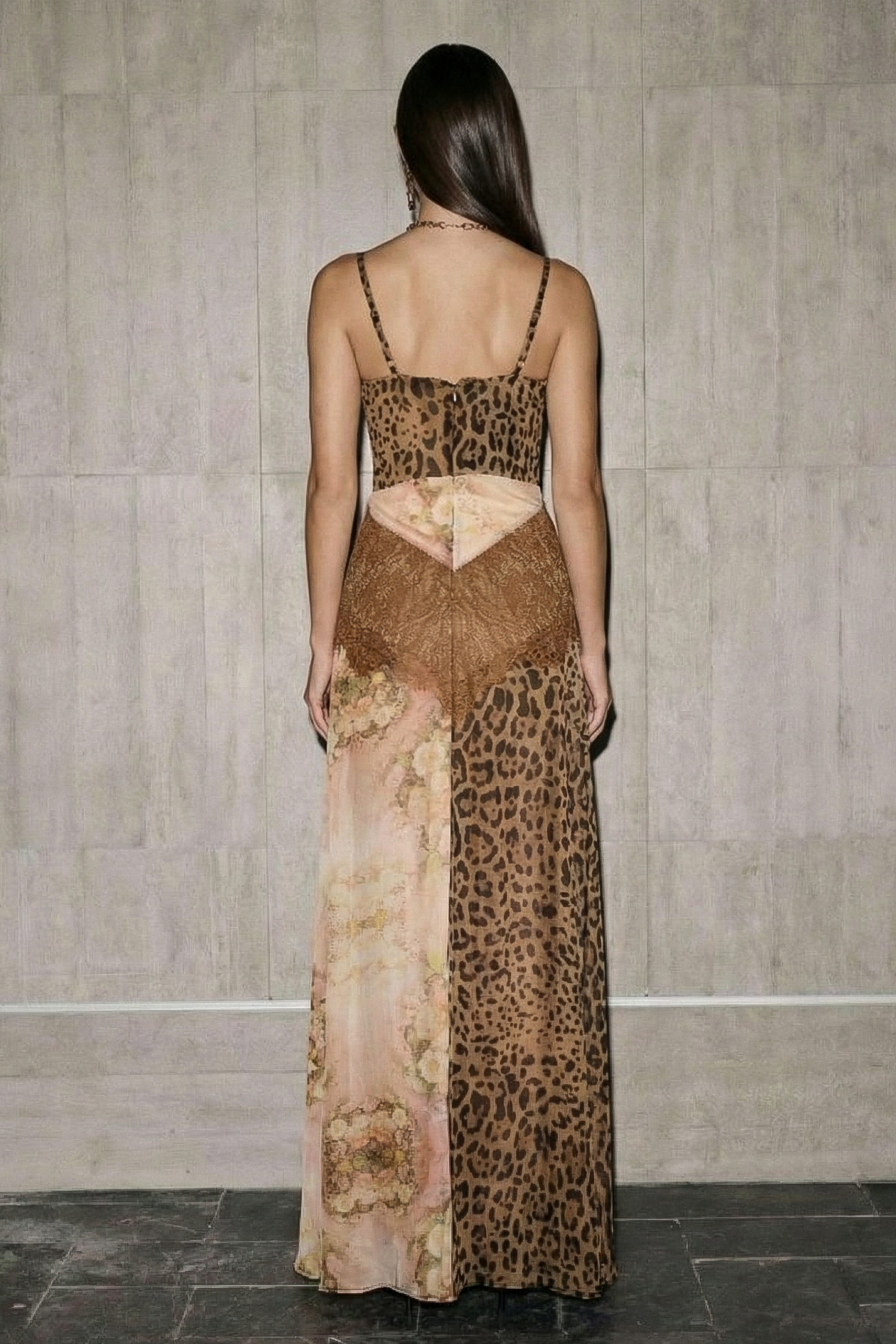 Chiffon Splicing Lace Split Leopard Print Maxi Dress