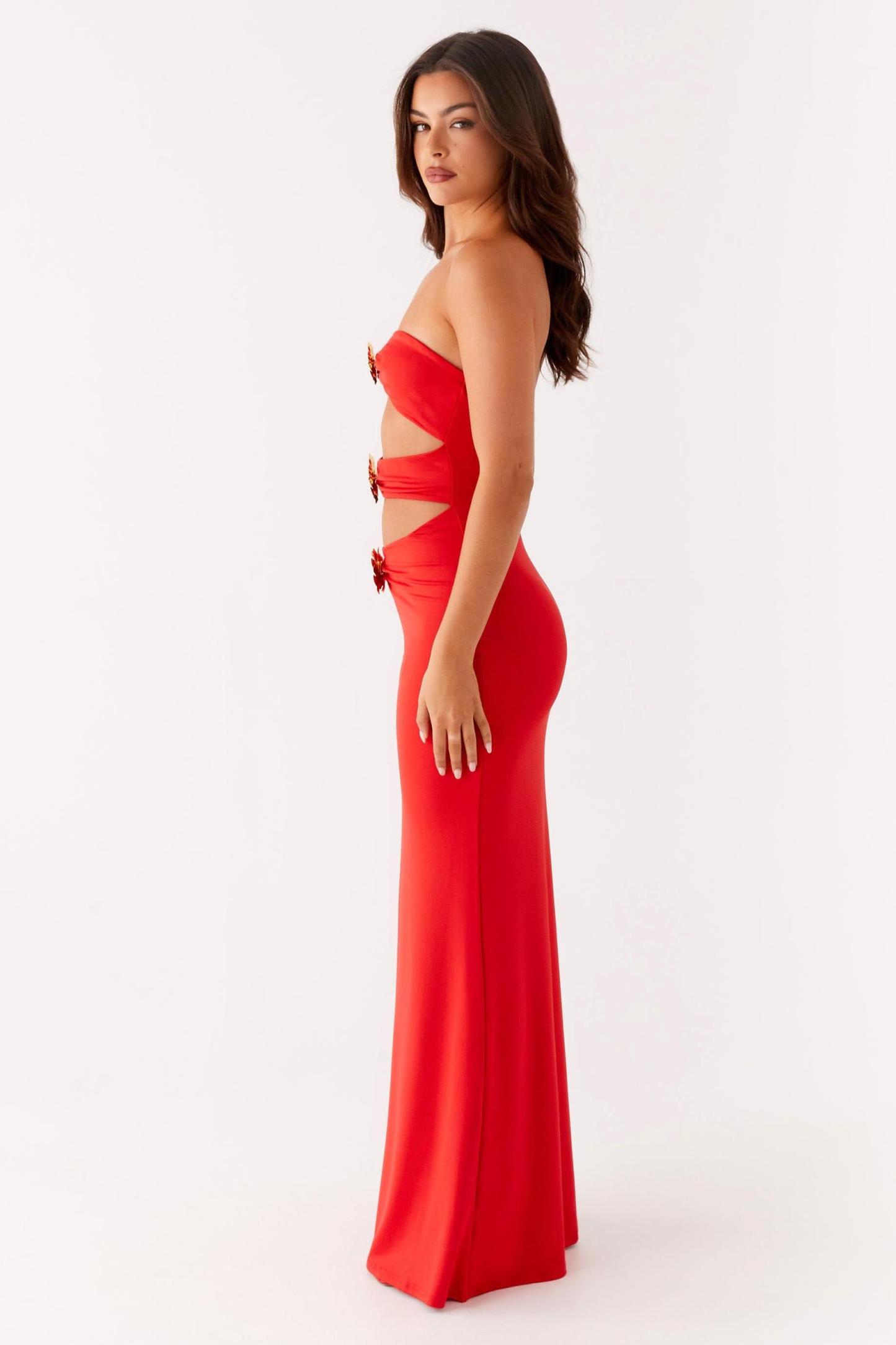 Cut-Out Metal Flower Strapless Maxi Dress