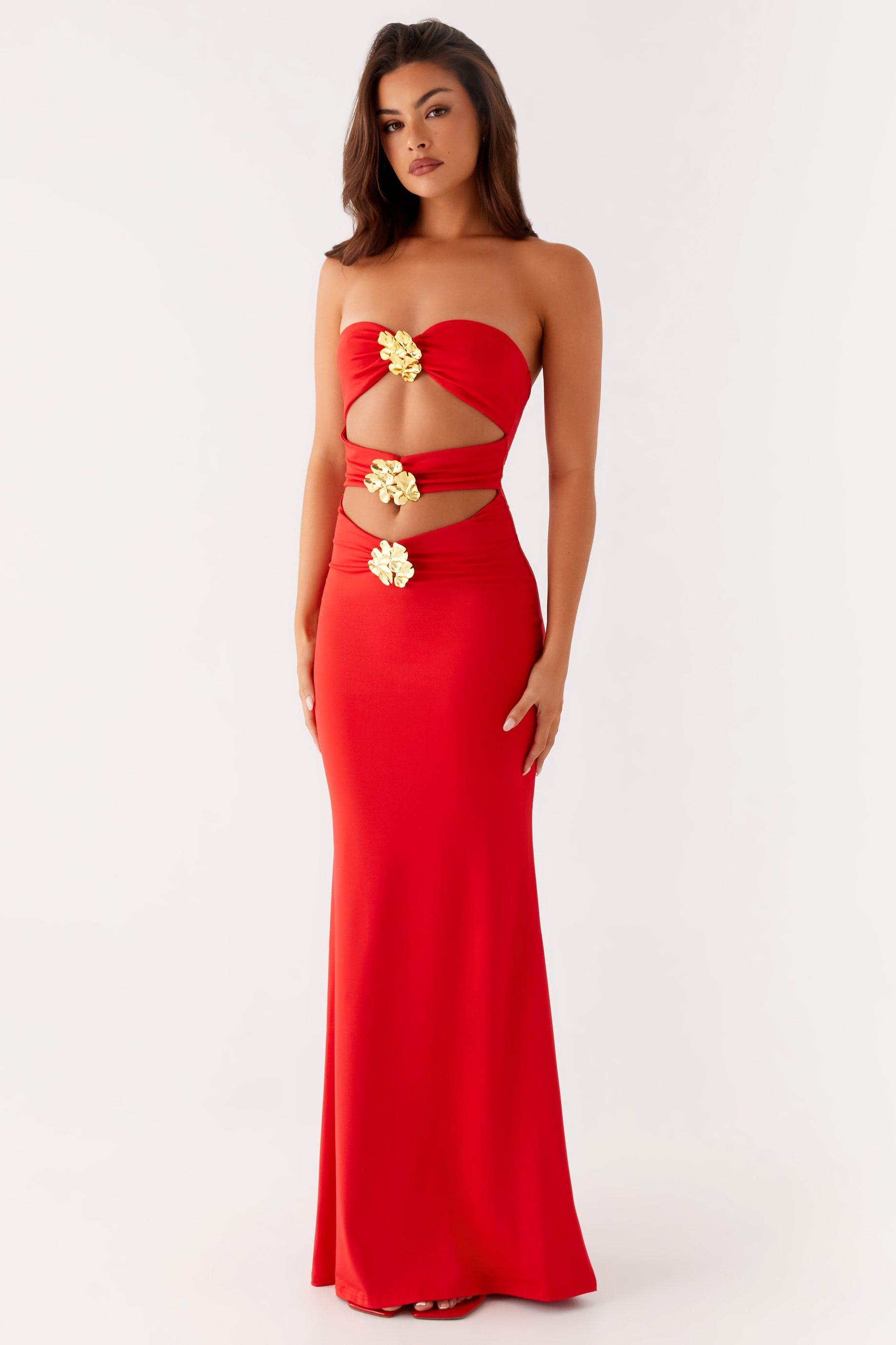 Cut-Out Metal Flower Strapless Maxi Dress