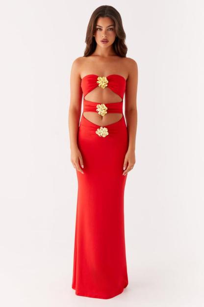 Cut-Out Metal Flower Strapless Maxi Dress