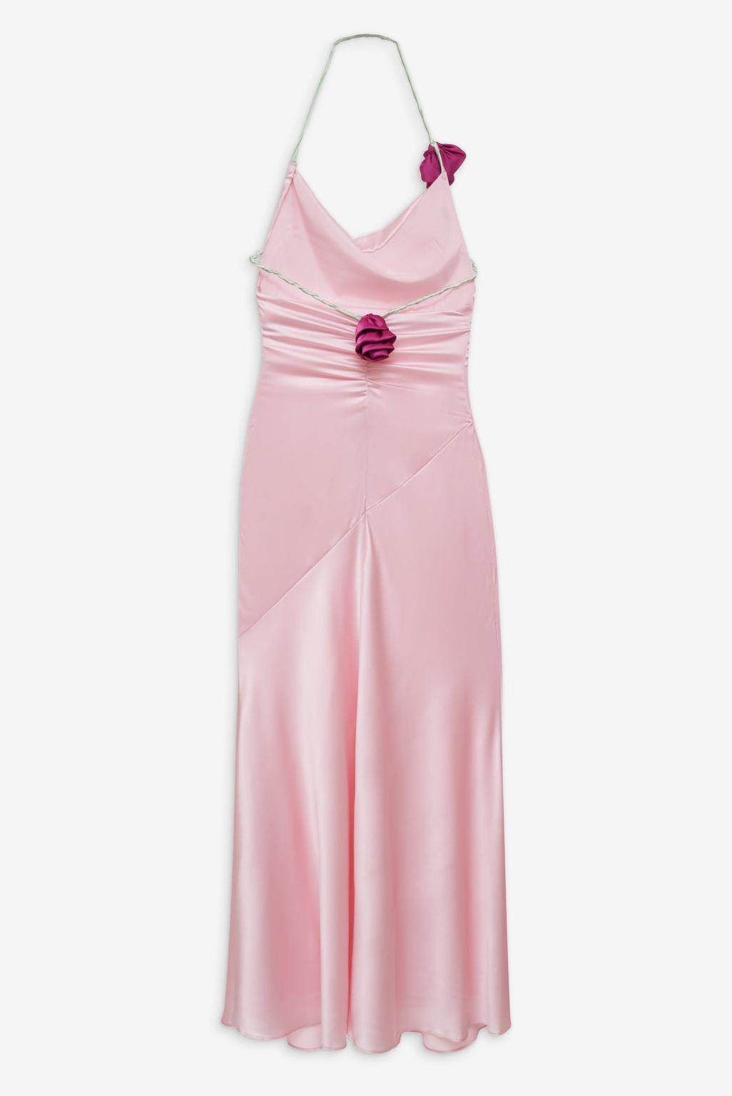 3D Flower Satin Halter Neck Lace-Up Maxi Dress