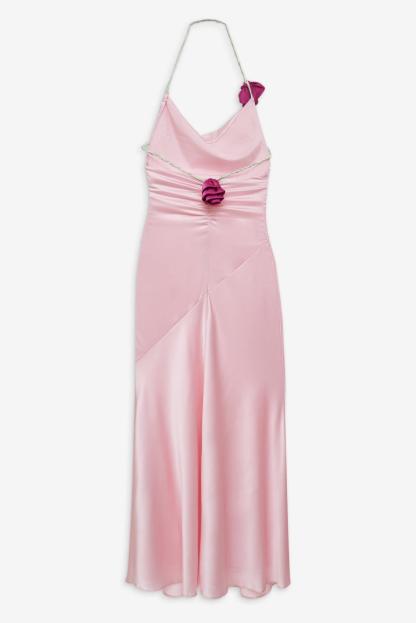 3D Flower Satin Halter Neck Lace-Up Maxi Dress