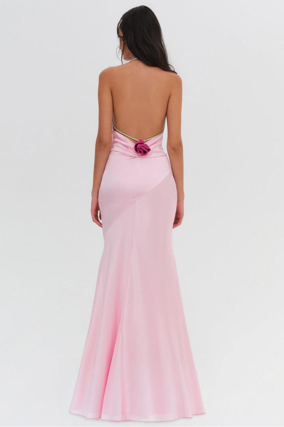 3D Flower Satin Halter Neck Lace-Up Maxi Dress