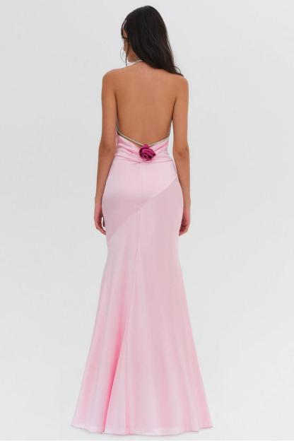 3D Flower Satin Halter Neck Lace-Up Maxi Dress