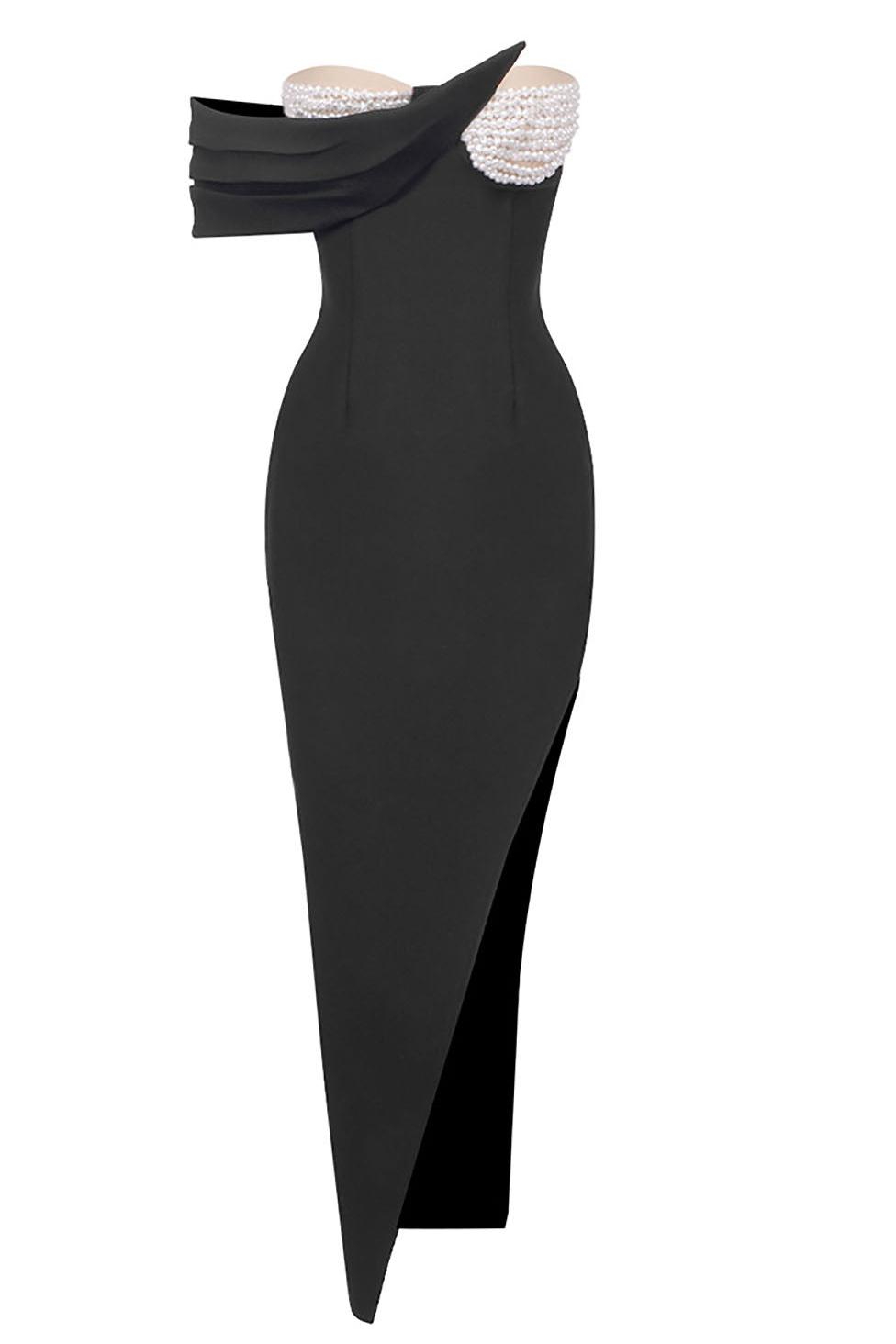 Faux Pearl Off Shoulder Bandage Maxi Dress