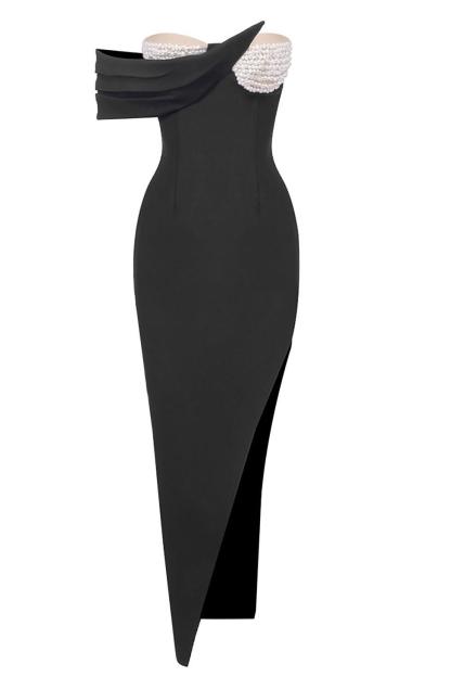 Faux Pearl Off Shoulder Bandage Maxi Dress