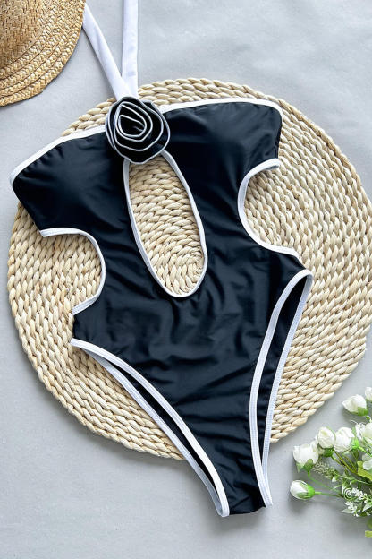 3D Flower Contrast Color Cut-Out One Piece Swimsuit