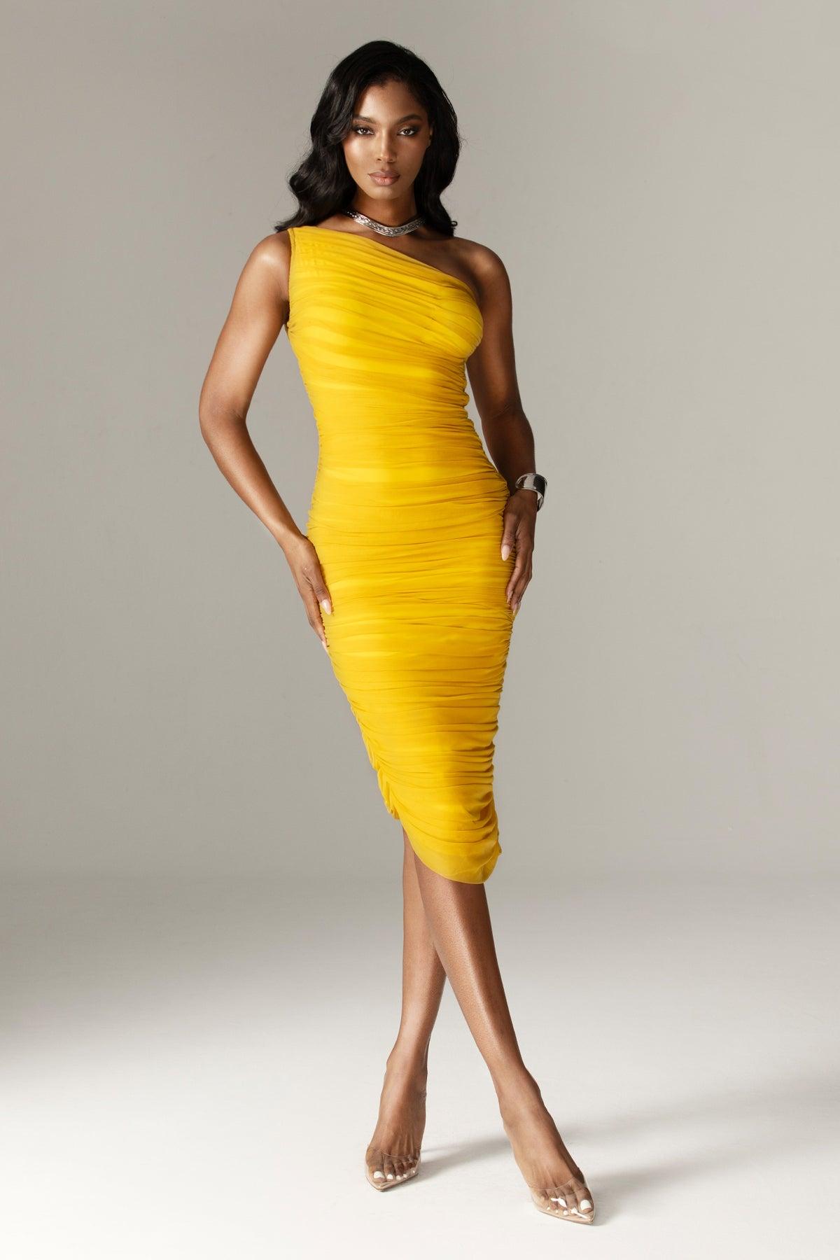 Solid Mesh Gathering One Shoulder Mini Dress