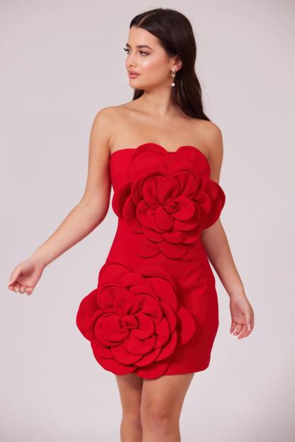 3D Flower Off Shoulder Solid Mini Dress