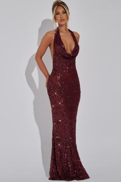 Sequin Swing Collar Backless Maxi Dress