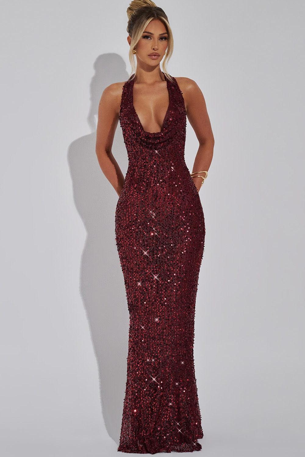 Sequin Swing Collar Backless Maxi Dress