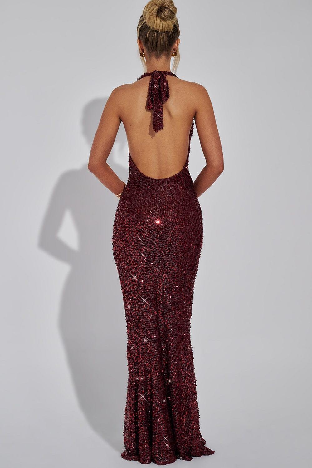 Sequin Swing Collar Backless Maxi Dress